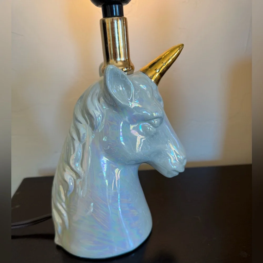 Gold White Unicorn‎ Table Lamp Estate Iridescent ~11” T